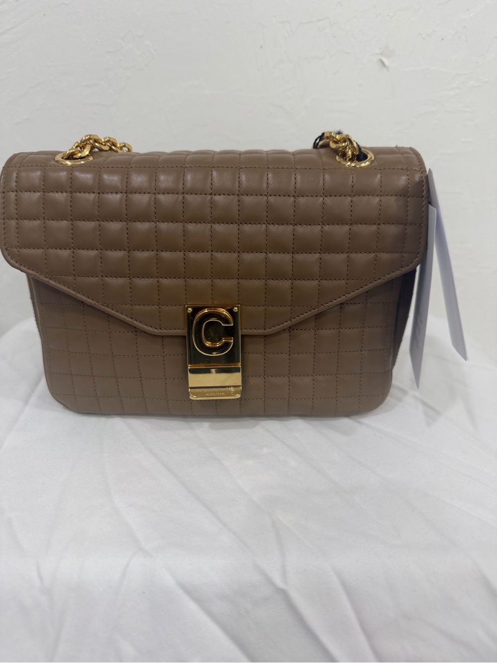New Celine Quilted Taupe Shoulder Bag with Gold Hardware